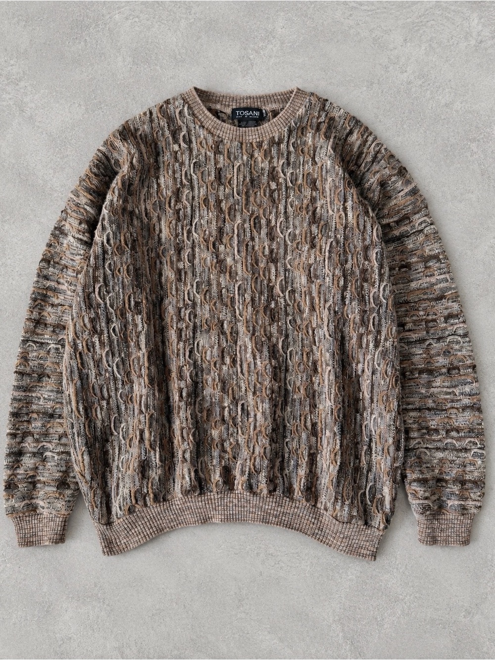 VTG 90s Tosani Wool Blend 3D Knit Coogie Style Crewneck Sweater XL Retro Hippie